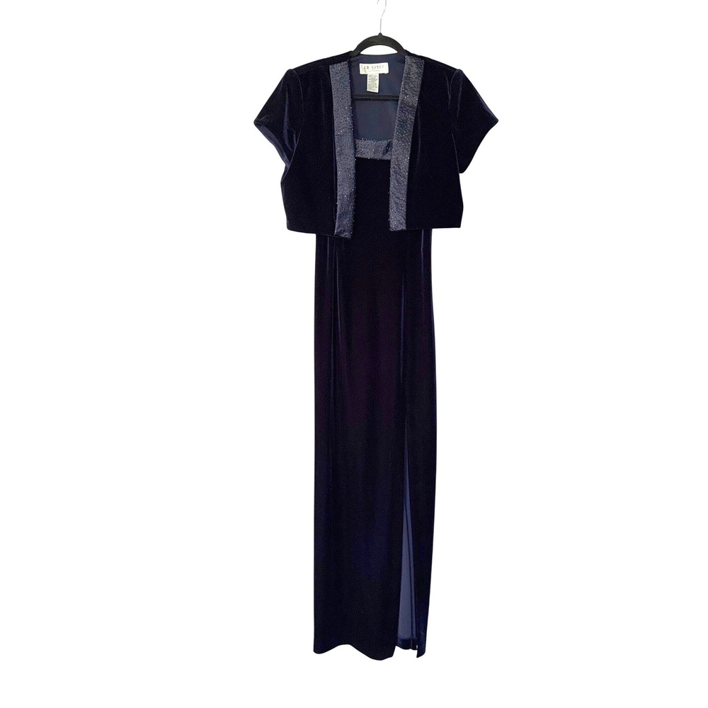 J.R. Nites Navy Blue Velvet Beaded Maxi Dress and Bolero Jacket Set Vintage‎ 10